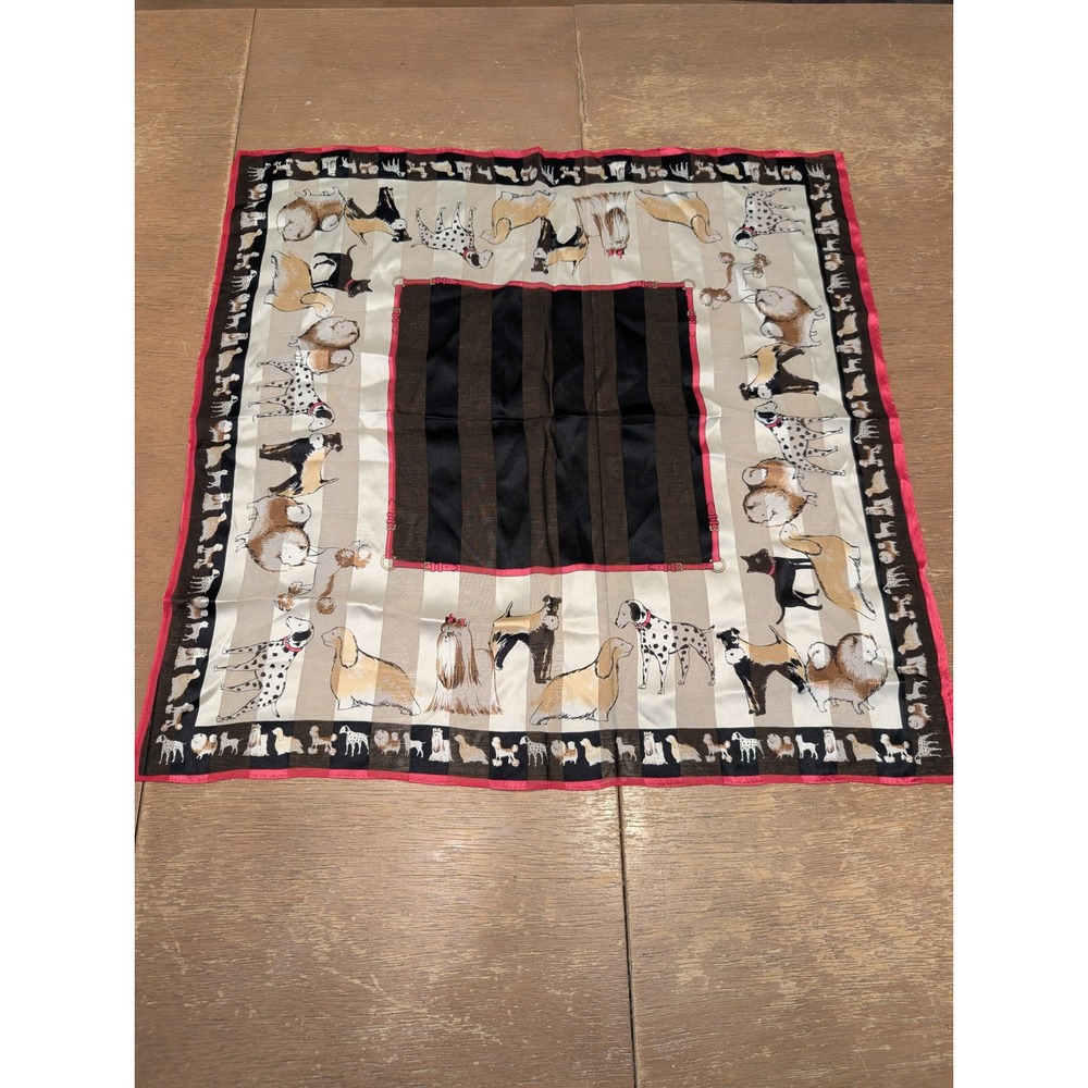 Vintage Style Dog Breed Print Square Scarf Striped Silk Blend Parisian purse